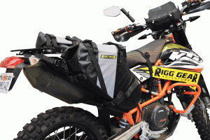 GIF showing Hurricane Dual Sport saddlebags installed on KTM 690 adding crash bar bags one at a time